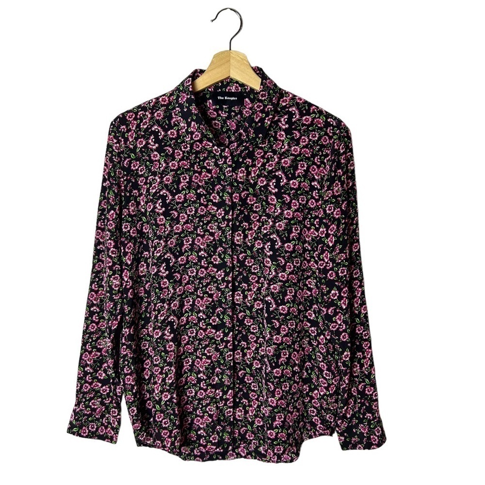 The Kooples Button Up Shirt Floral 100% Silk Size Small Pink Black Feminine‎